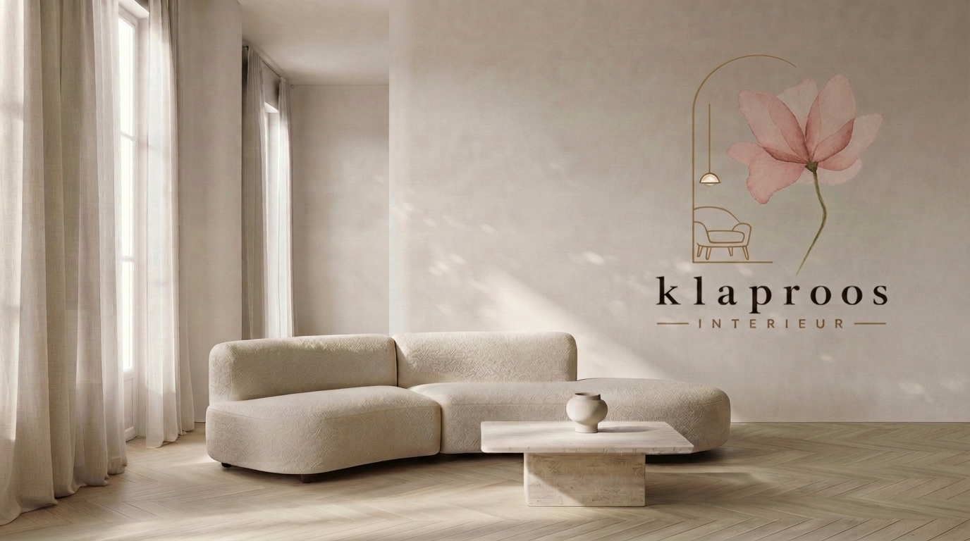 Sunlit living room with a low oak sofa, wool rug and brass floor lamp designed by Klaproos Interieur